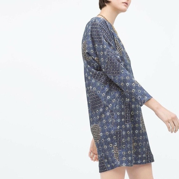 ZARA Basic Blue Printed Crew Neck 3/4 Sleeve Tunic Shift Dress Size Small - Picture 1 of 10